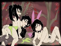andrew_graves animal_ears anus ashley_graves ass ass_grab black_hair blush blush_lines bodily_fluids bowtie bowtie_collar breasts bunny_ears bunnysuit cowgirl_position cum cum_in_pussy cum_in_pussy cum_inside english_text eyes fishnet_armwear fishnet_legwear flowers green_eyes hairy_balls heart_symbol incest leaves leotard leotard_aside male_penetrating_female mother_and_son open_mouth open_pants partially_clothed penetration pink_eyes ponytail pubes pussy renee_graves sex spec_almond_(artist) the_coffin_of_andy_and_leyley thought_bubble tree trees vaginal_penetration