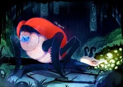 absurd_res accident accidental_exposure antennae_(anatomy) anus arthropod ass ass_up bent_over blue_insides blush bodily_fluids cinnymini closed_eyes detailed_background eating female fungus genital_fluids genitals glowing glowing_genitalia grass hi_res hollow_knight insects mushroom musk musk_clouds on_ground plant pussy reaching slightly_chubby smelly solo spread_butt spread_legs spreading sweat team_cherry unusual_bodily_fluids vaginal_fluids vulva wet willoh_(hollow_knight)