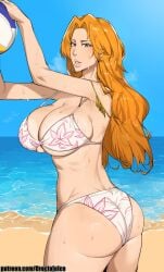 1girls ass ass_focus beach beach_ball beauty_mark big_breasts bikini bleach blue_eyes blushing breasts elijahzx female female_only huge_breasts light-skinned_female light_skin long_hair matsumoto_rangiku mature mature_female mature_woman mole mole_under_mouth orange_hair outdoors outside side_view solo solo_female sweat sweating thick thick_ass thick_lips thick_thighs viewed_from_side