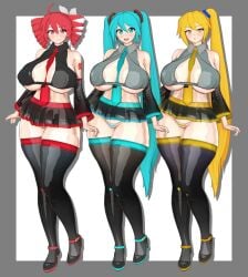 3d 3girls ahoge akita_neru areola_slip areolae big_breasts bikini blue_eyes blue_hair breasts breasts_bigger_than_head cleavage cleavage_cutout curvaceous curvy curvy_female curvy_figure detached_sleeves fanloid female female_only gigantic_breasts gloves hair_ornament hairbow hatsune_miku heels holding_object huge_breasts idohori_people ineffective_skirt kasane_teto kasane_teto_(sv) large_breasts leotard lollipop looking_at_viewer massive_breasts micro_bikini microskirt miniskirt navel navel_visible_through_clothes necktie necktie_between_breasts open_mouth ponytail red_eyes red_hair sideboob skindentation skirt smile striped_bikini synthesizer_v thick_thighs thighhighs thighs twin_drills twintails underboob utau vocaloid voluptuous voluptuous_female white_background wide_hips yellow_eyes yellow_hair