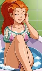 ai_generated ass bath bathing bigmic145 bra bra_visible_through_clothes breasts bubble female medium_breasts orange_hair panties ponytail sam_(totally_spies) see-through see-through_clothing soap soap_bubbles solo_female t-shirt totally_spies wet wet_body wet_clothes wet_clothing wet_skin
