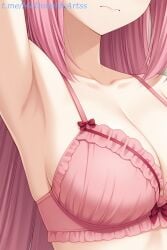 1female 1girls ai_generated arm_up armpits blush bocchi_the_rock! bow bow_bra bra breast_focus breasts cleavage close-up closed_mouth collarbone commentary_request female female female_focus female_solo frilled_bra frills gotoh_hitori gotou_hitori head_out_of_frame large_breasts long_hair pink_bra pink_hair red_bow solo stable_diffusion underwear underwear_only upper_body zelanell