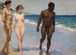 1girls 2boys ai_generated big_penis blonde_hair dark-skinned_male dark_skin female interracial male nude penis_size_difference small_penis taprincesserose