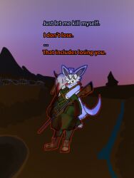 2025 3:4 anthro barbed_wire blood bodily_fluids boots canid canine carrying_another clothed clothing crying digital_media_(artwork) dress duo femboy flower footwear fur gun hi_res male mammal mud plant ranged_weapon rockpankake roi_(rockpankake) shoes simple_background tail tears text weapon white_body