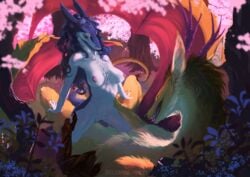 2021 2girls anthro anthro_on_feral breasts clitoral_hood colored dragon duo female female/female female_on_anthro female_on_feral feral forest fur furred_dragon genitals hair hand_on_leg interspecies looking_pleasured lore lying nipples nude on_back on_top plant prehensile_clitoral_hood pussy sergal sex straddling tree tribadism vaginal_penetration velannal yuri zoophilia