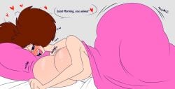 bed bedhead blanket blush blush brown_hair denizen1414 disney goof_troop huge_ass large_breasts messy_hair peg_pete pillow simple_background text wide_hips