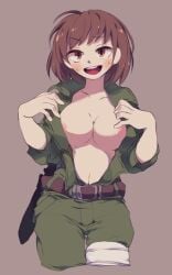 1girls at black bra breasts brown clothing eyes female green hair hands human knife looking on only solo stomach swapfell_chara viewer
