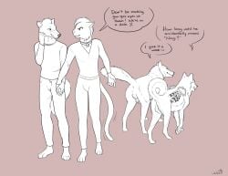 5_fingers absurd_res anthro anthro_on_anthro anthro_on_feral anus backsack balls bell bell_collar biped blush blush_lines canid canine canine_vulva canis clothed clothing collar dialogue domestic_cat domestic_dog english_text felid feline felis female feral fingers fur genitals group hi_res husky interspecies male male/male mammal nordic_sled_dog paper-wings pawpads paws quadruped speech_bubble spitz tail text wolf zoophilia