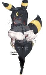 1girls 2025 bare_shoulders big_breasts black_eyes black_hair cleavage clothing eeveelution english_text female female_only generation_2_pokemon hi_res humanoid long_hair looking_at_viewer nintendo pokemon pokemon_(species) pokemorph red_sclera solo text toge77789 togetoge umbreon white_background