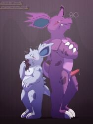 3:4 angry anthro balls belly big_belly blush bodily_fluids breasts breath claws digital_media_(artwork) drunk duo erection fangs female generation_1_pokemon genital_fluids genitals hand_on_belly hi_res holding_belly looking_at_another male male/female nidoran nidoran♀ nidorino nintendo nude open_mouth overweight penis poison pokemon pokemon_(species) precum pussy simple_background size_difference slightly_chubby standing substance_intoxication sweat tail tapering_penis teeth tongue vogold vulva