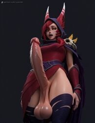 1girls 3d ai_generated animal_ears bandaged_leg bandages black_background black_thighhighs breasts cowboy_shot ears_through_headwear erection fangs female from_below futanari hair_between_eyes hi_res highres hood hood_up huge_cock huge_testicles large_penis league_of_legends long_hair looking_at_viewer lyxen3d newhalf open_mouth penis precum red_dress red_hair simple_background skull solo teeth testicles thighhighs torn_clothes torn_thighhighs uncensored upper_teeth_only vambraces veins veiny_penis xayah yellow_eyes