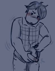 1boy 2025 2d blush blush_lines clothed clothing cock dick digital_drawing_(artwork) digital_media_(artwork) dripping hair holding_penis horny_eshkere jacket looking_at_viewer male male_only monochrome penis penis_out precum precum_drip pubic_hair roblox roblox_horror_games robloxian simple_background sketch solo solo_male the_butchery william_(the_butchery)