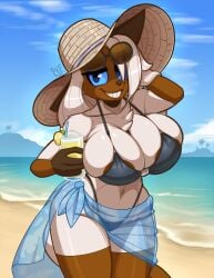 2025 anthro areola areola_slip beach beverage big_breasts bikini blue_eyes blue_sclera blue_sky breasts chest_tuft clothing cloud conditional_dnp container cup digital_media_(artwork) domestic_cat eyewear eyewear_on_head felid feline felis female female_anthro fingers hair hand_behind_head holding_beverage holding_container holding_cup holding_object long_hair looking_at_viewer mammal percy_(teckworks) siamese sky smile smiling_at_viewer solo sunglasses sunglasses_on_head swimwear tail teckworks tuft two-piece_swimsuit white_hair