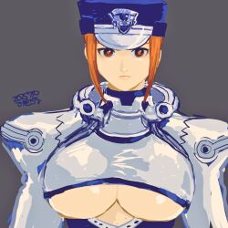 1girls artist_name big_breasts breasts brown_eyes brown_hair busty clothing_cutout dated expressionless female female_only gouketsuji_ichizoku groove_on_fight highres large_breasts looking_at_viewer police police_uniform policewoman power_instinct solis_r8000 solo underboob underboob_cutout voluptuous