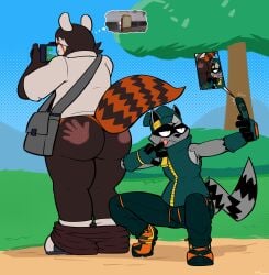 2025 5_fingers absurd_res ailurid anthro anthro_on_anthro assisted_exposure black_body black_clothing black_eyes black_footwear black_fur black_inner_ear black_nose black_shoes black_stripes blue_clothing blue_footwear blue_shoes bottomwear bottomwear_down brown_bottomwear brown_clothing brown_pants cellphone clothed clothing crouching distracted duo electronics english_text facial_markings felino fingers flip_phone footwear fur gesture grass green_bottomwear green_clothing green_pants green_topwear green_vest grey_body grey_fur grey_hair hair half-closed_eyes hand_gesture hand_print head_markings hi_res ken_(shocksauce) male male/male mammal markings mask_(marking) narrowed_eyes oblivious onomatopoeia orange_clothing orange_footwear orange_shoes outside overweight overweight_anthro overweight_male pants pants_down pantsing partially_clothed phone plant ponytail procyonid raccoon red_body red_fur red_panda red_stripes selfie shoes smile smirk socks sound_effects spank_marks striped_body striped_fur striped_markings striped_tail stripes tail tail_markings text thick_thighs thought_bubble tongue tongue_out topwear tree trick_(tricktrashing) v_sign vest white_clothing white_footwear white_socks zipper