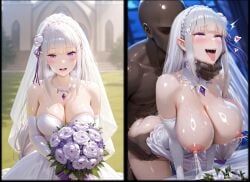 1boy 1girls 2koma ai_generated dark-skinned_male dark_skin emilia_(re:zero) female instant_loss instant_loss_2koma kiss-shot netorare ntr re:zero_kara_hajimeru_isekai_seikatsu sex wedding wedding_dress