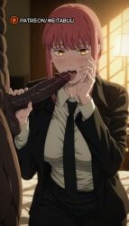 1boy ai_generated black_jacket black_necktie black_pants black_suit blush braid braided_ponytail breasts business_suitmakima_(chainsaw_man) chainsaw_man clothed_female_nude_male collared_shirt dark-skinned_male dark_skin erection fellatio female formal hand_on_own_cheek hand_on_own_face handjob indoors interracial jacket lamp large_breasts large_penis licking licking_penis long_hair long_sleeves looking_at_viewer makima_(chainsaw_man) medium_hair meitabuu muscular necktie nude on_bed open_clothes open_jacket open_mouth oral orange_eyes pants penis red_hair ringed_eyes saliva saliva_trail shirt shirt_tucked_in sidelocks sitting solo_focus straight suit teeth testicles tongue tongue_out uncensored upper_teeth_only veins veiny_penis very_dark_skin white_shirt wing_collar yellow_eyes