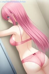 1female 1girls against_wall ai_generated ass back blue_eyes blush bocchi_the_rock! bow bow_panties bra breasts closed_mouth commentary_request cowboy_shot dutch_angle female female female_focus female_solo from_behind gotou_hitori indoors large_breasts long_hair medium_breasts panties pink_bra pink_hair pink_panties profile shoulder_blades sideboob smile solo stable_diffusion standing straight_hair underwear underwear_only zelanell