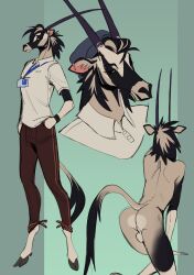 absurd_res antelope anthro ass balls bottomwear bovid clothing collared_shirt ear_piercing gemsbok genitals grazing_antelope hat headgear headwear hi_res hooves horn id_card male mammal nude nude_anthro nude_male oryx pants piercing presenting presenting_hindquarters shirt slim slim_male solo tail topwear twistedteeth