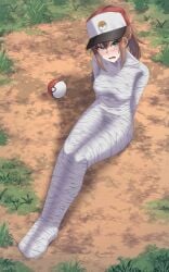 1girls bondage bound brown_hair captured cocoon crying female_protagonist_(pokemon_go) green_eyes hat looking_at_viewer mummification nintendo pokeball pokemon pokemon_go pokemon_trainer restrained sad silk sitting solo spider_web tears tied tied_up web web_bondage