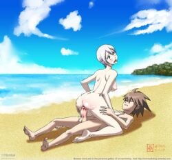1boy ahe_gao anal anus ass ass_grab barefoot beach blue_eyes blue_sky blush breasts brown_hair cloud cum cum_in_ass cum_in_pussy day erection feet female happy_sex large_breasts male medium_breasts nipples nude ocean open_mouth outdoors penis sand sex short_hair silver_hair sky smile soles straight uncensored vaginal_penetration water watermark web_address
