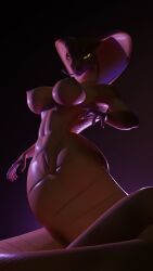 black_background breasts female large_breasts looking_at_viewer makeup monster_girl navel nipples purple_skin solo standing thick_thighs thighs yellow_eyes