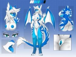 2_horns 4_toes 5_fingers anthro areola back_wings biped blue_areola blue_back blue_background blue_claws blue_ears blue_eyes blue_mouth blue_nipples blue_tongue blue_vulva blue_wings bust_portrait claws color_swatch dragon feet female female_anthro finger_claws fingers front_view hair horn icewolfdot iris_(darkmaster781) long_hair mature_female model_sheet mythological_creature mythological_scalie mythology nipples portrait rear_view scalie simple_background snowflake snowflake_marking snowflake_pattern solo tail tail_tuft toe_claws toes tongue tuft white_hair white_hands white_horn white_inner_ear white_tail_tuft white_wings wing_claws wings