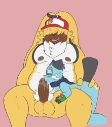 anal anal_sex angoramon anthro balls bandai_namco belly blue_body blue_fur blush clothing dewott digimon digimon_(species) duo erection eyewear fellatio fur generation_5_pokemon genitals glasses hair hair_over_eyes hat headgear headwear hi_res lazyneko licking male male/male nintendo nipples oral overweight penetration penile penis penis_in_mouth penis_lick pokemon pokemon_(species) sex size_difference tongue yellow_body yellow_fur