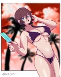 0_naiko_0 beach bikini black_hair blue_eyes ice_cream kingdom_hearts palm_tree short_hair xion