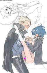 2009 blonde_hair blue_eyes blue_hair blush breasts censored clothing female hand_holding heart_censor male medium_breasts megami_tensei penetration penis persona persona_4 pussy sex shirogane_naoto short_hair socks spread_legs straight tatsumi_kanji vaginal_penetration