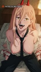 ai_generated bare_shoulders bed between_breasts black_necktie black_pants blonde_hair blush breasts breasts_out breath chainsaw_man clothes_pull collarbone collared_shirt cross-shaped_pupils cum cum_in_mouth cum_on_tongue demon_horns female from_above hair_between_eyes horns indoors lamp large_breasts long_hair looking_at_viewer medium_breasts meitabuu necktie necktie_between_breasts nipples no_bra on_bed open_clothes open_mouth open_shirt orange_eyes pants pillow power_(chainsaw_man) pussy_juice_stainpower_(chainsaw_man) red_horns saliva sharp_teeth shirt shirt_pull shoes sitting smile sneakers solo sweat symbol-shaped_pupils teeth tongue tongue_out wariza white_shirt yellow_eyes