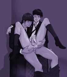 2boys anal anal_sex bandmates blush bottomless cum_in_ass cum_while_penetrated half-dressed human john_lennon male male/male partially_clothed paul_mccartney real_person sweat the_beatles yaoi