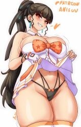 1girls anisdrawn breasts cleavage eve_(stellar_blade) female female_focus female_only large_breasts light-skinned_female light_skin looking_at_viewer skirt skirt_lift solo stellar_blade thick_thighs thighhighs thighs white_background