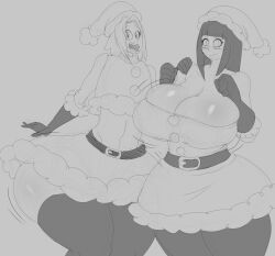 big_ass big_breasts black_and_white christmas christmas_outfit cleavage denizen1414 hyuuga_hinata midriff naruto naruto_(series) sakura_haruno sketch thick_thighs thighhighs wide_hips