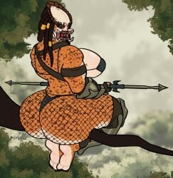 1girls alien alien_girl alien_humanoid barefoot big_ass big_breasts bikini countershading dreadlocks female female_yautja fishnets gremlinchalk huge_ass huge_breasts jungle looking_at_viewer looking_back mandibles muscular muscular_female predator_(franchise) sharp_teeth sitting spots thick_thighs thighhighs tree yautja