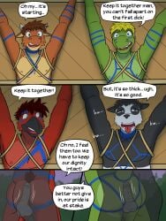 3:4 anthro ass avian balls bear bird bodypaint bondage bondage bound bovid bovine bruno_(texnatsu) cattle cody_(texnatsu) comic crocodile crocodilian dialogue disembodied_penis duo english_text erection fuze genitals giant_panda group half-closed_eyes harold_(texnatsu) hi_res hot_dogging looking_pleasured male male/male mammal narrowed_eyes nipples nude penis reptile restraints rope rope_bondage rope_harness scalie sex speech_bubble standing standing_sex texnatsu text through_wall tongue tongue_out translucent translucent_body ty_conrad