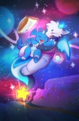 balls bedding bedding_background bedroom book cute_fangs dragon dragon_wings dream fangs galaxy genitals glowing hi_res horn magic magic_book magic_user male male/male mythological_creature mythological_scalie mythology nude nude_anthro nude_male penis scalie teeth