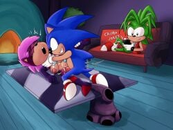 1girls 2boys anthro blue_fur breasts female grabbing green_fur hedgehog humanoid incest male manic_the_hedgehog mobian mobian_(species) mobian_hedgehog nipples nude_female penetration penis penis_in_pussy phone pink_hair purple_fur sex sex_on_table sibling_(lore) siblings sonia_the_hedgehog sonic_(series) sonic_the_hedgehog sonic_the_hedgehog_(series) sonic_underground tagme tagme_(artist) triplets