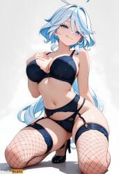 :q ahoge ai_generated bangs bare_shoulders black_bra black_footwear black_panties blue_eyes blue_hair bra breasts cleavage collarbone female fishnet_thighhighs fishnets furina_(genshin_impact) garter_belt genshin_impact hair_between_eyes hand_on_own_chest high_heels high_resolution highres kneeling large_breasts lingerie long_hair looking_at_viewer multicolored_hair navel panties simple_background skindentation smile solo stable_diffusion stomach thighhighs thighs tongue tongue_out underwear underwear_only very_long_hair waifuscans418 white_background