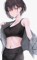 1girls bangosu bare_armpits bare_arms bare_belly bare_hands bare_midriff bare_navel bare_shoulders bare_skin belly belly_button black_hair black_hair_female breasts collarbone exposed_armpits exposed_arms exposed_belly exposed_midriff exposed_navel exposed_shoulders exposed_skin female female_focus female_only fingers hair_between_eyes high_resolution highres lean_figure lips looking_at_viewer medium_breasts medium_hair midriff narrow_waist navel original original_art original_artwork original_character short_hair shoulders simple_background slender_body slender_waist slim_waist solo sports_bra standing upper_body white_background