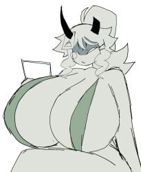 1female 1girls ass_bigger_than_head ass_visible big_ass big_breasts bikini breasts_bigger_than_head female female_only fpe fundamental_paper_education green_mankini horns mankini miss_grace_(fundamental_paper_education) momiji_(artist) mommy mommy_milkers simple_background swimsuit thick_ass thick_thighs visible_butt white_background white_body white_hair