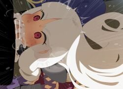 1boy absurdres bar_censor blush censored cum cum_in_mouth deepthroat fellatio female highres katanagatari long_hair mizumizuni oral penis red_eyes solo_focus straight sweat togame white_hair