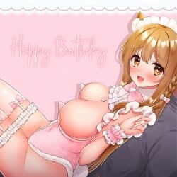 1boy 1boy1girl 1girls animal_ear_fluff animal_ears animal_tail birthday blush bow braid braided_hair breasts brown_eyes brown_hair bunny_tail cat_ears catgirl clothing fake_bunny_tail female_focus garter_straps happy_birthday heart heart-shaped_pupils indie_virtual_youtuber kemonomimi large_breasts leaning_on_another leaning_on_person light-skinned_female light_skin long_hair maid_headdress nail_polish nails_painted nekoha_neru painted_nails revealing_clothes solo_focus tagme tail thighhighs thighs virtual_youtuber vtuber wrist_cuffs