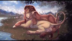anal anal_sex animal_genitalia animal_penis balls bodily_fluids cuddling cum cum_inside detailed_background digital_drawing_(artwork) digital_media_(artwork) duo feet felid feline feline_genitalia feline_penis feral feral_on_feral feral_penetrated foot_on_butt from_behind_position fur genital_fluids genitals grass hair hi_res hindpaw kiro lion lying male male/male male_penetrated male_penetrating male_penetrating_male mammal nevvia outside outside_sex pantherine pawpads paws penetration penile penis plant sex sky smile tail tail_tuft tellico_(character) toes tuft