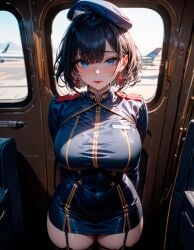 adorable ai_generated beret big_breasts black_hair blue_eyes blush breasts cathy_(starlightnex) curvy curvy_body curvy_female curvy_figure curvy_hips cute garter_straps hands_behind_back mature_female milf mommy obedience original original_character pale_skin red_lipstick rosy_cheeks short_hair slim_waist starlightnex stewardess stockings submissive submissive_female thick thick_hips thick_legs thick_lips thick_thighs tight_clothing tight_fit unicorn wide_hips