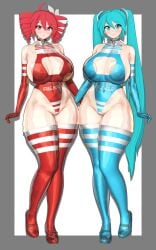 2girls 3d ahoge areola_slip areolae armwear big_breasts bikini blue_eyes blue_hair breasts breasts_bigger_than_head cleavage cleavage_cutout curvaceous curvy curvy_female curvy_figure female female_only gigantic_breasts gloves hair_ornament hairbow hatsune_miku holding_object huge_breasts idohori_people kasane_teto kasane_teto_(sv) large_breasts leotard lollipop looking_at_viewer massive_breasts micro_bikini navel navel_visible_through_clothes necktie necktie_between_breasts red_eyes red_hair sideboob striped_bikini synthesizer_v thick_thighs thighhighs thighs twin_drills twintails utau vocaloid voluptuous voluptuous_female white_background wide_hips