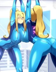 1girls arms_in_the_air ass ass_focus big_breasts blonde_hair blue_bodysuit blue_eyes breasts bubble_butt dat_ass female female_focus female_only light-skinned_female light_skin lindaroze metroid mirror mirror_reflection nintendo ponytail round_ass samus_aran stretching watermark white_skin wink zero_suit_samus