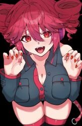 1girls 2d 2d_(artwork) absolute_territory ahoge bending_over big_breasts black_background breasts button_gap cat_pose cleavage clothed clothed_female clothing detached_sleeves female female_only headgear huge_breasts kasane_teto large_breasts leaning_forward michihirogswr nail_polish open_mouth painted_nails partially_unbuttoned red_eyes red_hair red_nails skindentation solo solo_female strained_buttons thick_thighs thigh_gap thighhighs thighs tongue twin_drills unbuttoned unbuttoned_shirt utau