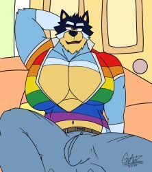 bandit_(bluey) bandit_heeler bara bara_tiddies bara_tits belt bulge bulge_through_clothing cleavage dad father fathers_day furry furry_bara gioartz jeans male_cleavage muscles open_legs open_shirt open_topwear pec_cleavage pecs pectorals pride_color_clothing pride_color_flag pride_colors slightly_chubby teasing