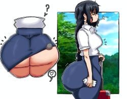 1girls ass ass_focus back_view big_ass big_breasts breasts clothed clothing heart heart_symbol large_ass lifting lifting_skirt lolbear_9 question_mark shounen_ga_otona_ni_natta_natsu skirt skirt_lift thick_thighs thunder_thighs traced